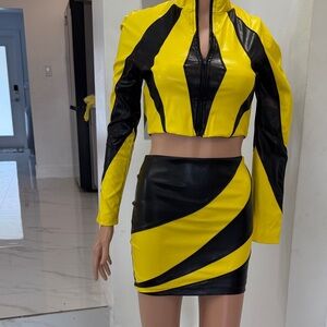 Vibrant Yellow and Black Mini Skirt Set